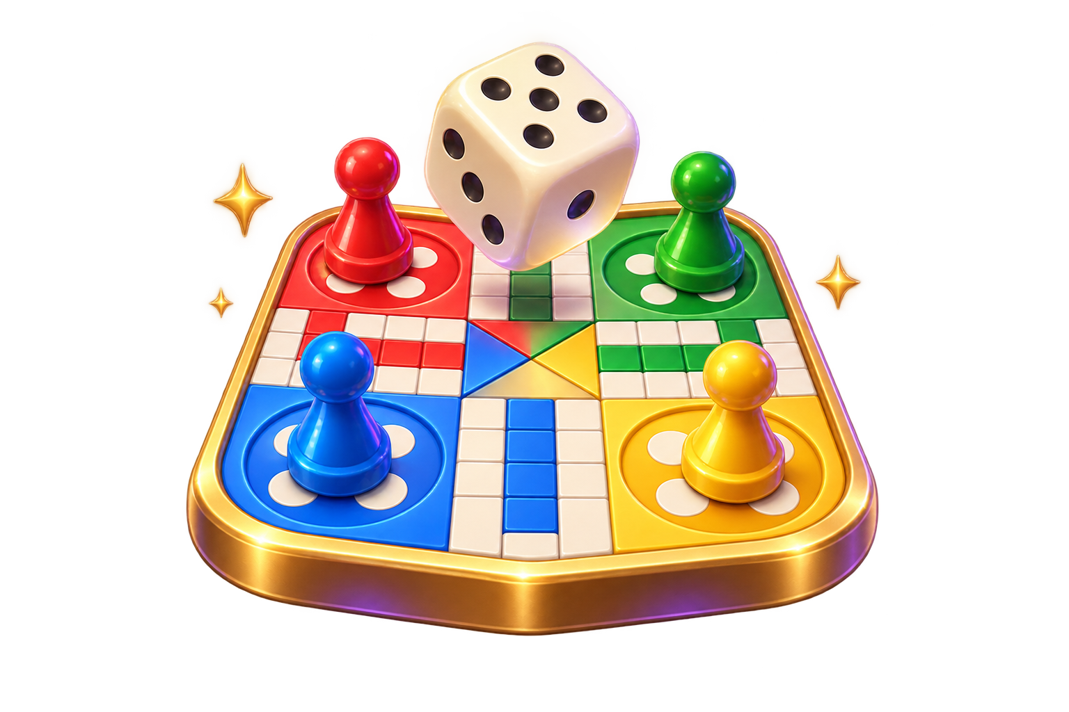 A gold-framed Ludo board with red, green, yellow and blue pawns