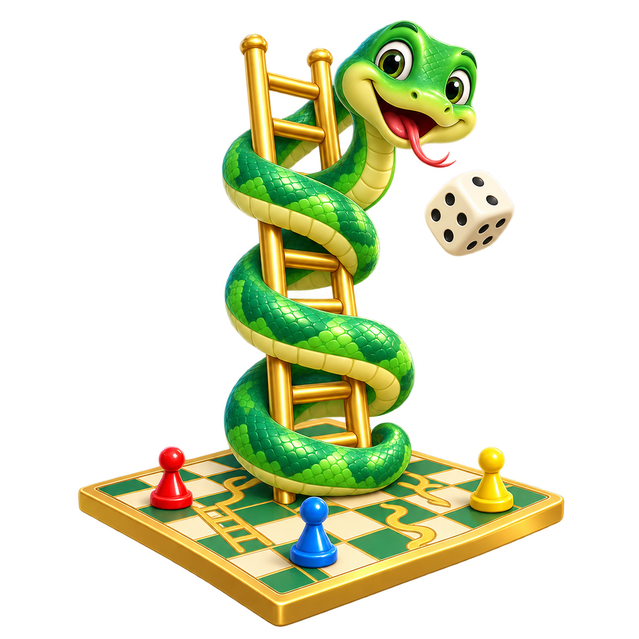Colorful Snakes & Ladders board with a friendly green snake, golden ladders and dice